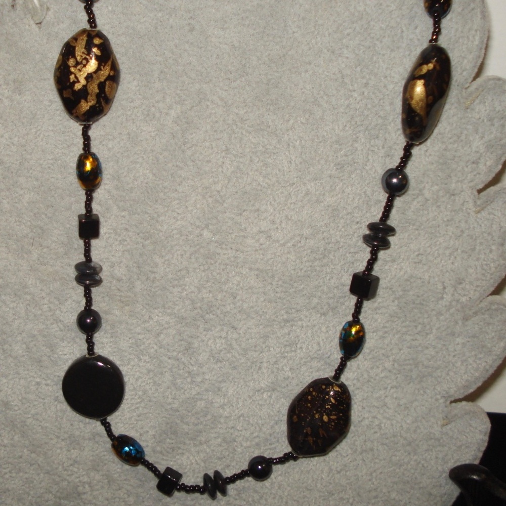 Gold/Blue Foiled  Black Glass Beads Necklace  36"